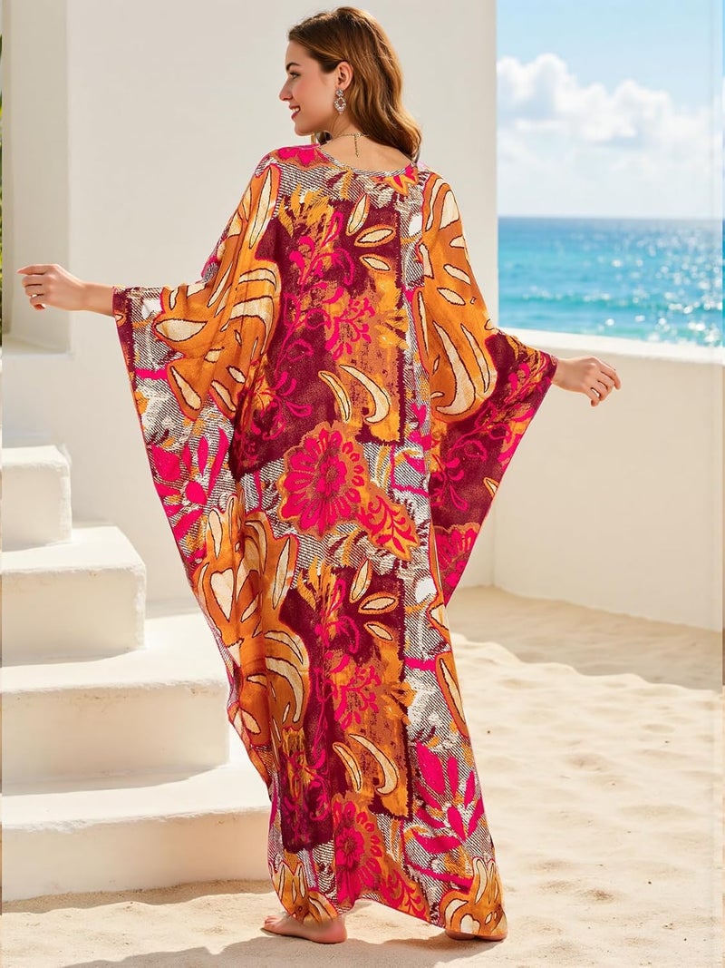 IMAGEKOPE Women's Plus Size Animal Print V-Neck Batwing Kaftan Beach Dress Bathing Suit Cover-Up Loungewear - Image 5